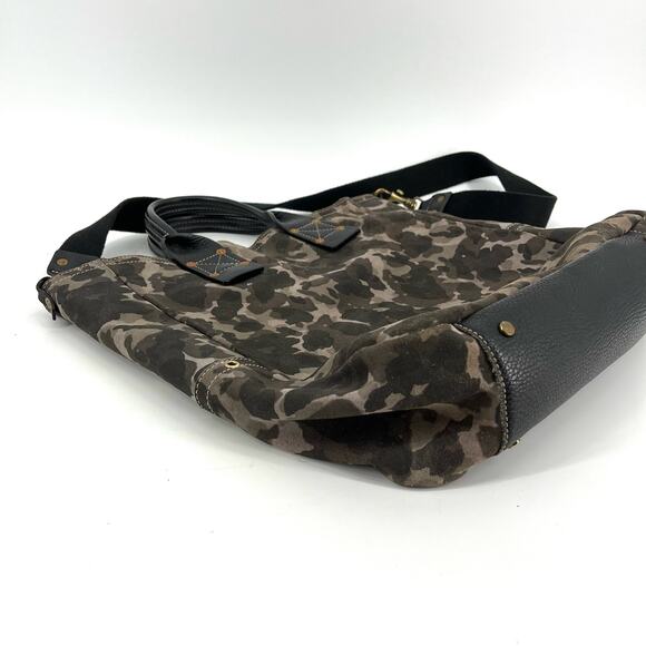Nicoli Suede and Leather Large Tote Bag Camo Canvas Shoulder Strap - Picture 5 of 8